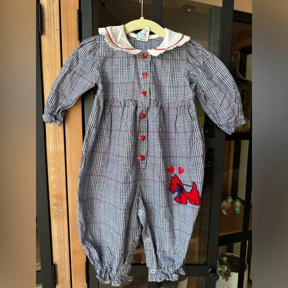 90s Vintage Coverall jumpsuit baby girl pleated ruffles plaid long sleeve collar